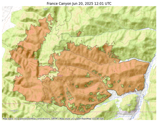 Visual map representation of the France Canyon wildfire, showing the perimeters of the 9574.148192125502 acre fire on a map.