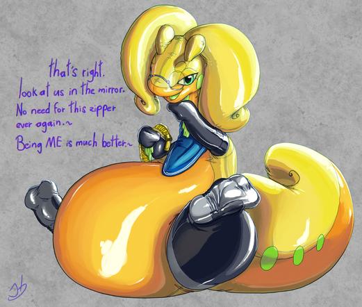 The golden Goodra, sitting on it's rear and looking at itself in a out of sight mirror. Having pulled off the zipper off of itself, trapping the (un)fortunate occupant. Of course the stockings wearing inflatable Goodra knows what's best for you and you now being trapped in it forever is exactly what you deserve to be.~