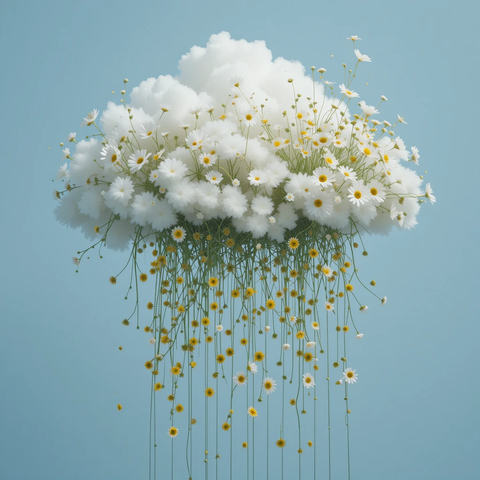 Un nube blanca con flores amarillas y blancas que cuelgan hacia abajo, sobre un fondo azul claro.
