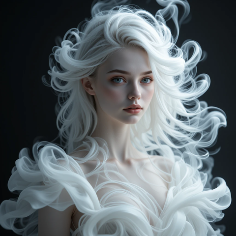 Retrato de una joven con cabello largo y ondulado de color blanco, luciendo un vestido etéreo y una expresión serena, con un fondo oscuro.