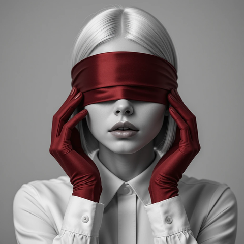 Retrato en blanco y negro de una mujer con cabello rubio, vendada con una cinta roja, que sostiene su rostro con guantes rojos.