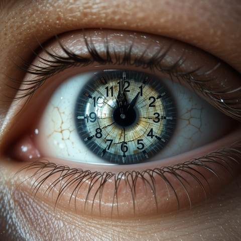Un ojo humano con un diseño que presenta una esfera de reloj en la pupila, mostrando números y manecillas que indican la hora.