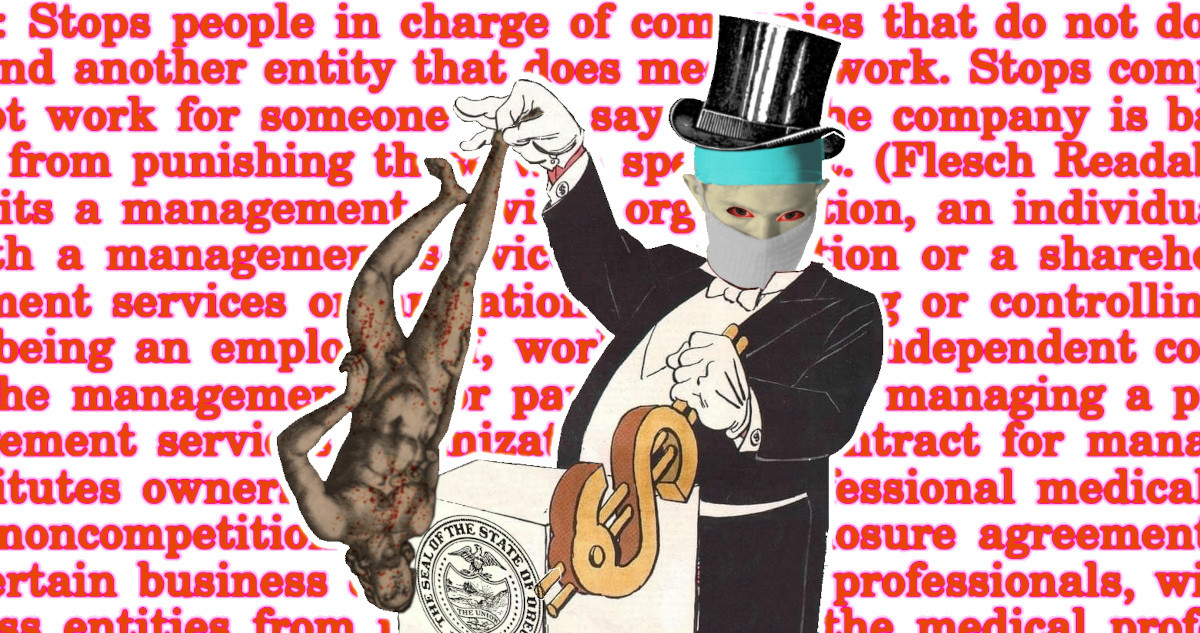 A billionaire in a tuxedo with dollar-sign cufflinks, stands at a podium, yanking a lever shaped like a gilded dollar sign with one gloved hand. From the other hand, he contemptuously dangles a bloody corpse. His head has been replaced with the head of a doctor in a surgeon's blue cap, with red, glaring eyes. The background is the text of Oregon's new Corporate Practice of Medicine law, in blown-out, red type.