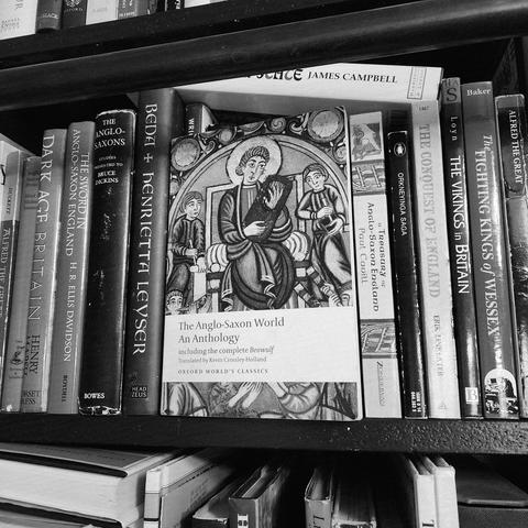 Shows the book in front of the spines of other books on the Anglo-Saxons