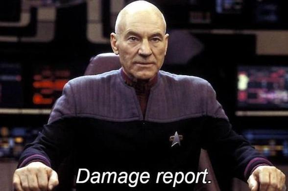 Bald Baddie Captain Picard asking for a damage report