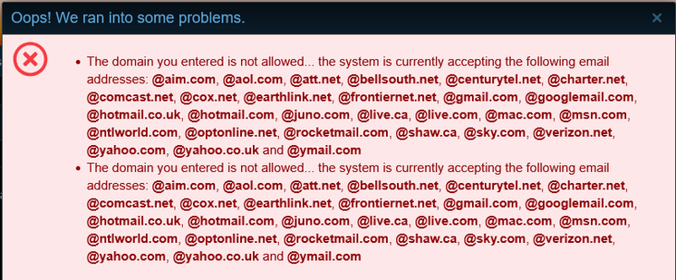 A forum error message saying "The domain you entered is not allowed." for e-mail domains.