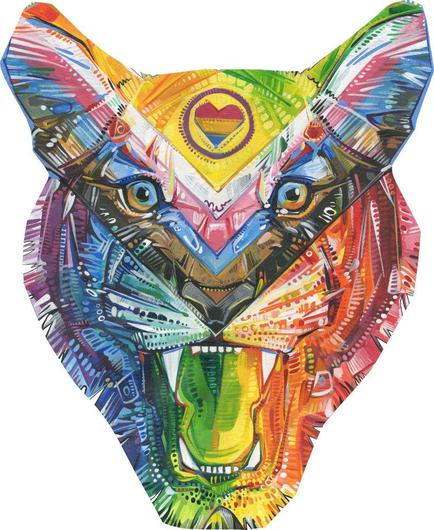 fierce tiger face embodying the progress pride flag