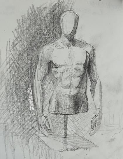 Pencil on paper

Sketch of a torso, standing on a stick, attached to a plate.
