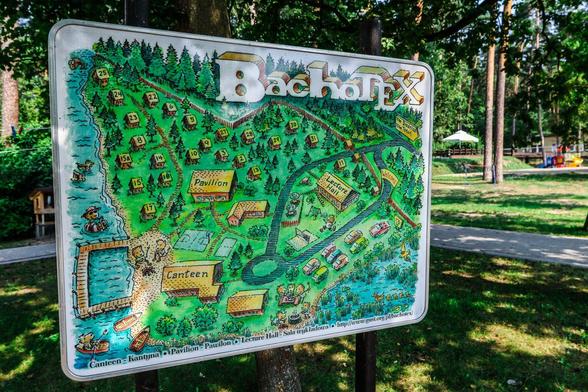 A cartoon "map" of the Bachotek resort. The name says "BachoTeX", and the "TeX" is written in a specific way typical of this typesetting program.