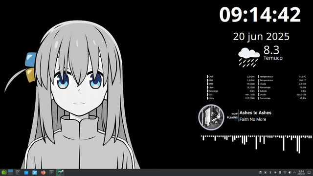 Captura de pantalla de un escritorio con KDE Plasma, donde destaca un estilo minimalista en blanco y negro. El fondo muestra a Bocchi, del anime Bocchi the Rock!, en escala de grises, aunque sus ojos y los moños en su cabello mantienen el color, lo que resalta su expresión seria. A la derecha, hay widgets que muestran la hora, la fecha, el clima en Temuco (8.3 °C y lluvia), y el uso del sistema (CPU, GPU, RAM, disco y red). También aparece la canción “Ashes to Ashes” de Faith No More con visualizador y carátula. En la parte inferior se ve el panel de KDE con openSUSE. Todo está diseñado para verse limpio, funcional y con un toque personal gracias al anime. Texto Generado con IA