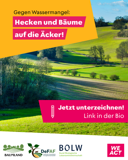 Du bist gefragt. Jetzt unterzeichnen gegen Wassermangel: Hecken und Bäume auf die Äcker. Link in der Bio. Der WeAct Appell wurde gestartet von Baumland DeFAF und BÖLW.