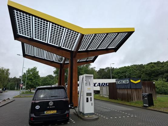 A Volkswagen ID. Buzz charging at a Fastned charging plaza near Zwolle in the Netherlands.