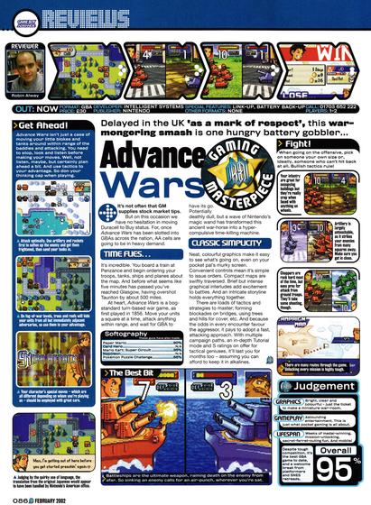 Review for Advance Wars on Game Boy Advance.
Taken from GamesMaster 117 - February 2002 (UK)

score: 95%