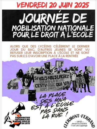 Affichette de la mobilisation avec le logo de la Coordination Nationale des mineurs isolé-es en lutte.