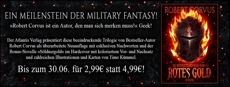 Banner mit Infotext und dem Hinweis auf das günstige E-Book plus Cover des Romans: ein Helm mit Blutspritzern, im Hintergrund rote Flammen.