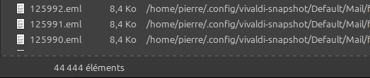 Copie d'écran partielle d'un explorateur de fichier sous Linux montrant qu'une recherche de fichiers .eml dans le dossier de profil de Vivaldi Desktop affiche 44444 fichiers, qui sont donc, soit des mails, soit des articles de flux RSS/ATOM.