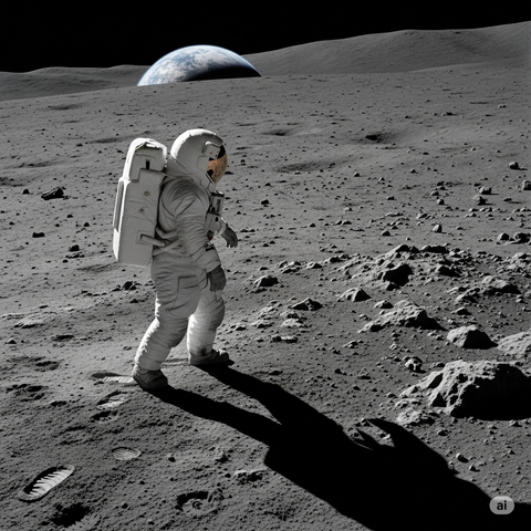 A photo-realistic AI generated image of an astronaut walking on the moon, but the earth in the background is placed on the surface of the moon, half obscured by a ridge on the lunar surface perhaps a few hundred yards from the person walking in the space suit. Judging by perspective, the earth may be the size of a house or small office building.
