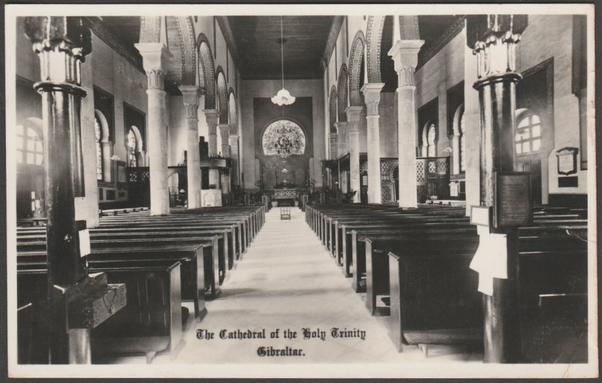 Monochrome real photographic postcard showing a view of the interior of the Cathedral of the Holy Trinity at Gibraltar.

Publisher not stated, not numbered, c.1940s.

Postally unused.

Fairly good condition, with slight corner bumps, but some knocks and small bends to right edge and crease to top right corner.
