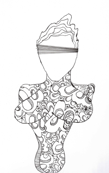 Abstract black pencil drawing. Looks like a blindfolded woman.