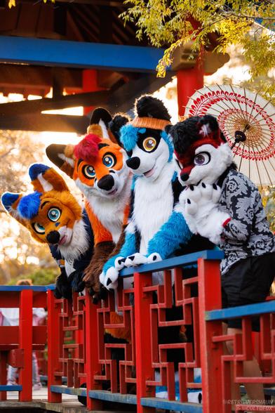 Portrait photo of AeroFox64, ColtoFox, ShadowRK9 and ArcoHusky on a red bridge in the afternoon. There's a bright yellow glow behind Colto and Aero. Arco is holding a parasol. There's some leaves peaking from a tree in the top right corner. There are blue accents on the red bridge.