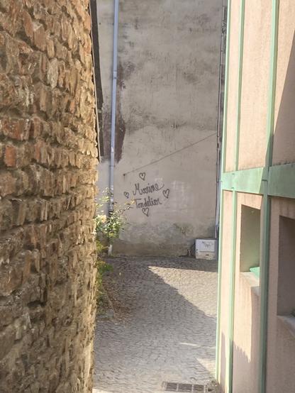 Vue d'une ruelle avec un mur en pierre à gauche. Au fond, un mur avec un tag "Marine Tondelier" entouré de coeurs