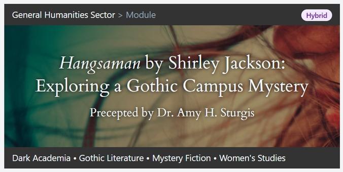 Pictured is the banner for Hangsaman by Shirley Jackson: Exploring a Gothic Campus Mystery with Signum University. The background image is of a woman's face in profile with the wind whipping her hair.