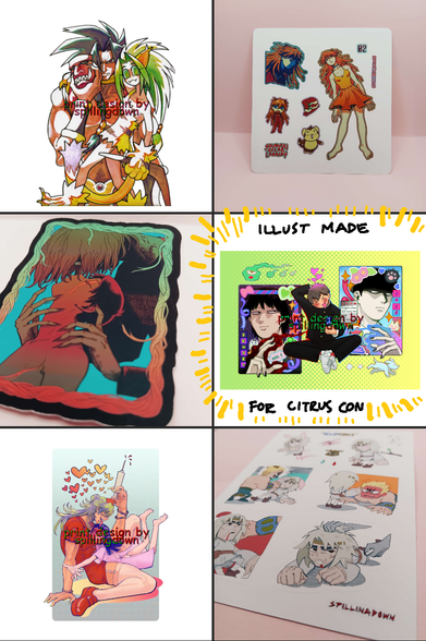 Six items that the original poster is selling: a Samurai Shodown print of Cham Cham and Tam Tam. An Evangelion sticker sheet of Asuka. A Kitaro sticker of Kitaro and Mizuki. A Mob Psycho 100 print of ageswap scenario. A Bucchigiri print of Marito and Mahoro. A DD Hokuto no Ken sticker sheet of Toki and Raoh.