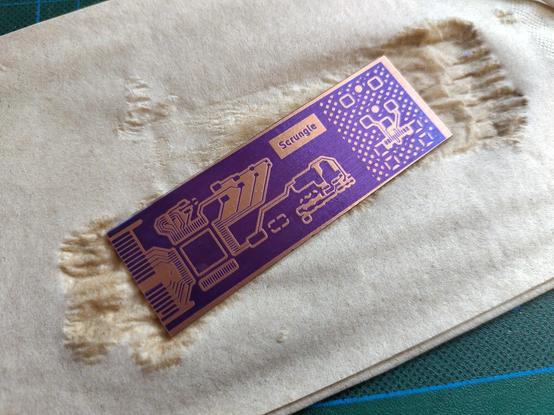 The same PCB after developing the etch resist. It's looking pretty good.