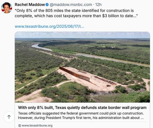Rachel Maddow @ @maddow.msnbc.com - posts a report from the Texas Tribune. "Only 8% of the 805 miles the state identified for construction is complete, which has cost taxpayers more than $3 billion to date..." 
"With only 8% built, Texas quietly defunds state border wall program Texas officials suggested the federal government could pick up construction."