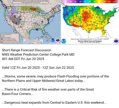 Valid 12Z Fri Jun 20 2025 - 12Z Sun Jun 22 2025

...Storms, some severe, may produce Flash Flooding over portions of the
Northern Plains and Upper Midwest/Great Lakes today...

...There is a Critical Risk of fire weather over parts of the Great
Basin/Four Corners...

...Dangerous heat expands from Central to Eastern U.S. this weekend...
