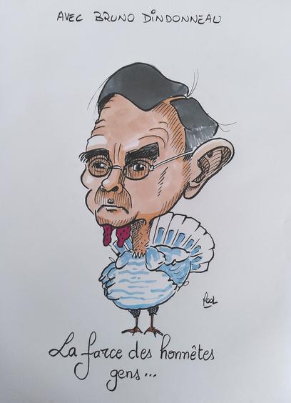 Caricature en couleurs de Bruno Retailleau sur un corps de dindon. 

Parodie de la campagne d'affichage LR.

Avec Bruno dindonneau
La farce des honnêtes gens