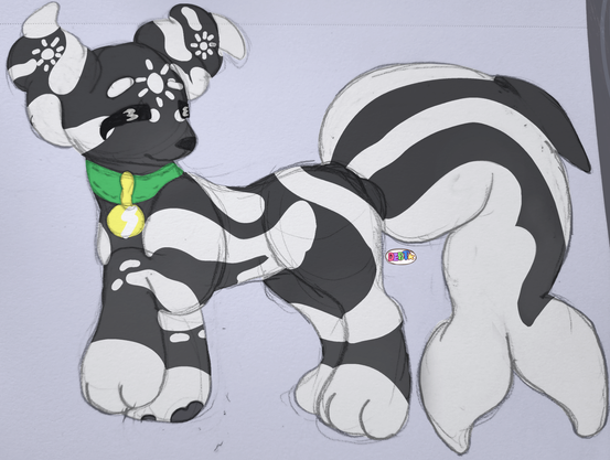 A tradtional drawing that is digitally colored of a large plushie creature. He is canine and has a long body, almost shark like in nature. The creature stands with one front paw up and is looking behind him as if to invite you to follow along. His bright green collar jingles around his neck as the shiny gold tag glimmers. It stands out greatly, as he is all black, just striped by large white folds that sometimes burst into the shapes of flowers. His tail, since he is a plushie, is tied into a knot at the end where it is large and stuffed, shaped like a shark with fins.