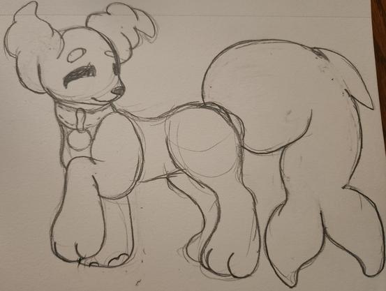 A tradtional of a large plushie creature. He is canine and has a long body, almost shark like in nature. The creature stands with one front paw up and is looking behind him as if to invite you to follow along. His tail, since he is a plushie, is tied into a knot at the end where it is large and stuffed, shaped like a shark with fins.