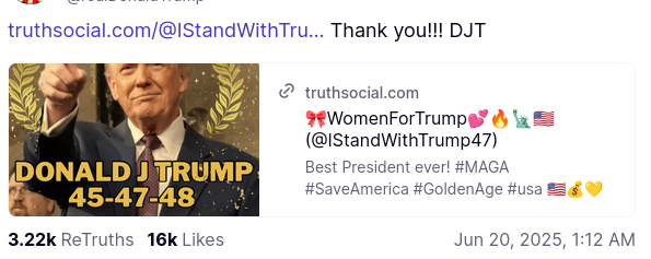 Di(c)ktator DementiaDon actually reposted a meme by "WomenForTrump (@IStandWithTrump47) Best President ever! #MAGA #SaveAmerica #GoldenAge #usa" featuring him surrounded by a golden laurel wreath  with the caption "Donald J Trump 45-47-48." You can't make this crap up.
source: https://truthsocial.com/@realDonaldTrump/posts/114712560416441760