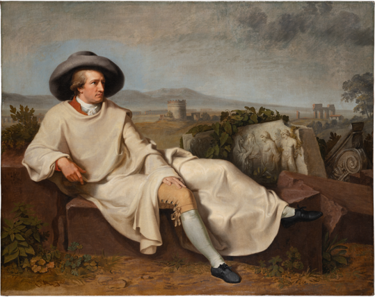 Porträt von Goethe mit weißem Mantel und Hut, sitzend, in einer römischen Landschaft