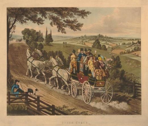 Landschaft mit Kutsche, die von vier Pferden gezogen wird, in der Kutsche eine Reisegesellschaft