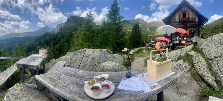 Panorama Blick vom Esstisch bei einer hölzernen Almhütte mit Rundumblick in die Nockberge