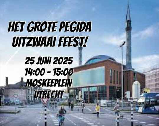 Picture of the Ulu Mosque in Utrecht with a call for action against the fascists of Pegida