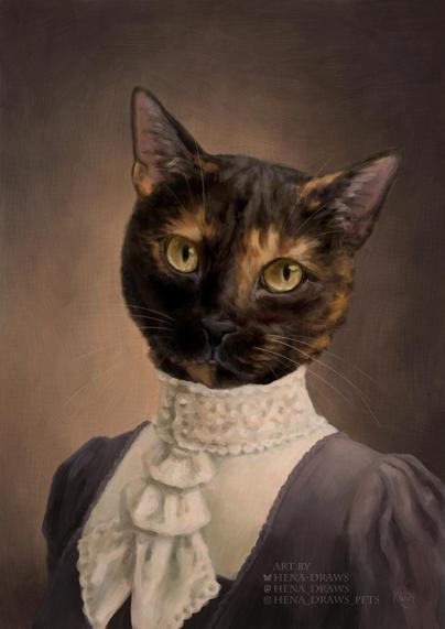 Digital oil color portrait of a tortoiseshell colored cat posing in a human-like fashion, wearing a victorian-era styled blue and white dress.
