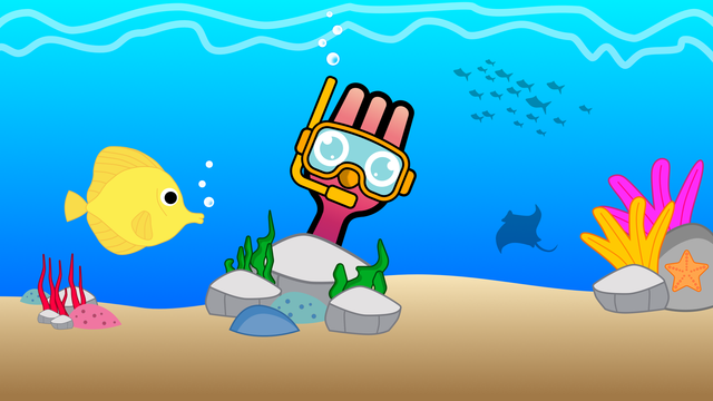 A cartoon drawing of a fork with snorkeling mark in the ocean underwater with sand, corals and fish
