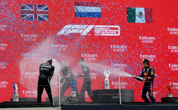 Max and Checo celebrate on the 2021 French GP podium.