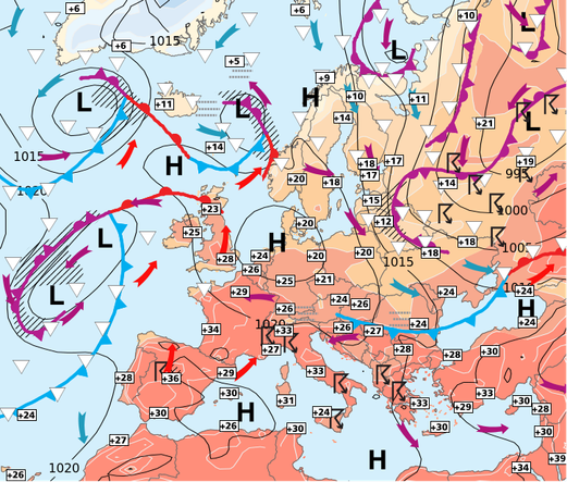 Analyse synoptique de la sitation météo en Europe ce jour.