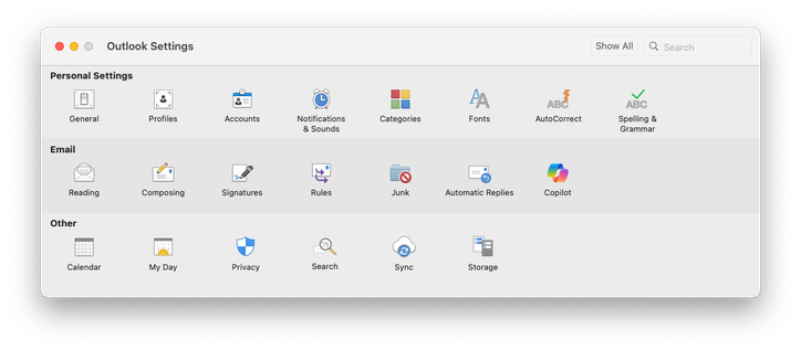 The Outlook Settings panel on Mac is designed to look and behave like settings panels from Macs of years past. Fonts are stale and hard to read, icons are flat and (some are) shaded, and it generally doesn't feel current or modern.