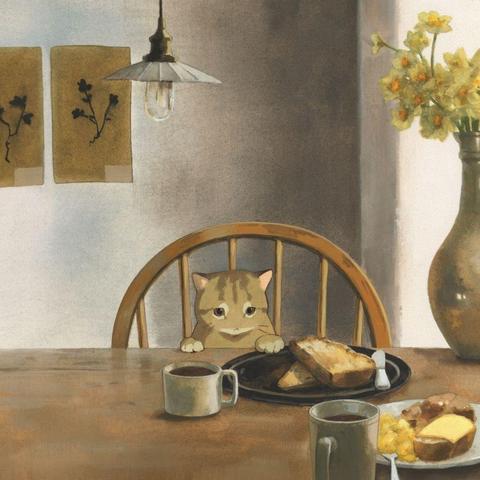 a painting of a sad-looking cat sitting at a breakfast table