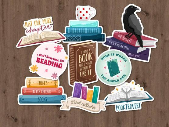 9 stickers for booklovers with the following texts: Just one more chapter, I don't have time, I'm reading, I have a book and I'm not afraid to use it, Home is where the books are, There's never enough books, Book collector, Booktrovers. One sticker features a raven sitting on top of three books with The Raven/Nevermore/Edgar Allan Poe on the spines, and one sticker of three stacked blue books with a white mug with red polka dots.