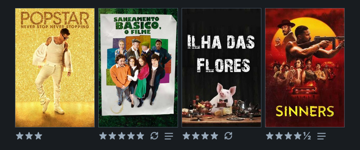 Sinners; Ilha das Flores; Saneamento Básico, o Filme; Popstar: Never Stop Never Stopping.