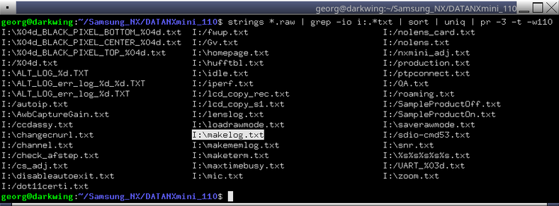 Listing of txt file names obtained from the NX mini firmware file:

I:\%04d_BLACK_PIXEL_BOTTOM_%04d.txt
I:\%04d_BLACK_PIXEL_CENTER_%04d.txt
I:\%04d_BLACK_PIXEL_TOP_%04d.txt
I:\%04d.txt
I:\ALT_LOG_%d.TXT
I:\ALT_LOG_err_log_%d_%d.TXT
I:\ALT_LOG_err_log_%d.TXT
I:\autoip.txt
I:\AwbCaptureGain.txt
I:\ccdassy.txt
I:\changecnurl.txt
I:\channel.txt
I:\check_afstep.txt
I:\cs_adj.txt
I:\disableautoexit.txt
I:\dot11certi.txt
I:\fwup.txt
I:\Gv.txt
I:\homepage.txt
I:\hufftbl.txt
I:\idle.txt
I:\iperf.txt
I:\lcd_copy_rec.txt
I:\lcd_copy_s1.txt
I:\lenslog.txt
I:\loadrawmode.txt
I:\makelog.txt
I:\makememlog.txt
I:\maketerm.txt
I:\maxtimebusy.txt
I:\mic.txt
I:\nolens_card.txt
I:\nolens.txt
I:\nxmini_adj.txt
I:\production.txt
I:\ptpconnect.txt
I:\QA.txt
I:\roaming.txt
I:\SampleProductOff.txt
I:\SampleProductOn.txt
I:\saverawmode.txt
I:\sdio-cmd53.txt
I:\snr.txt
I:\%s%s%s%s%s.txt
I:\UART_%03d.txt
I:\zoom.txt