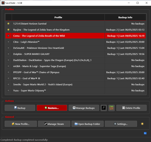 🕶️ A view of its UI (taken from the site) with a list of game saves associated with emulators in the main section (called 'Profiles'), and several action and settings buttons underneath, in the ‘Actions’ and 'General' sections.

📚️ SaveState is a libre, multi-platform tool for easily saving and restoring players' progress in their games. It features compressed savegames management, profile management (save a profile manually or by analysis via a simple drag-and-drop of a game shortcut, specific triggering of a savegame profile by desktop shortcut), automatic backups (with settings for the number of backups to keep, compression level, source size and available space checks), Steam (detection of installed games) and Minecraft support, emulator support (experimental), all without requiring administrative privileges.