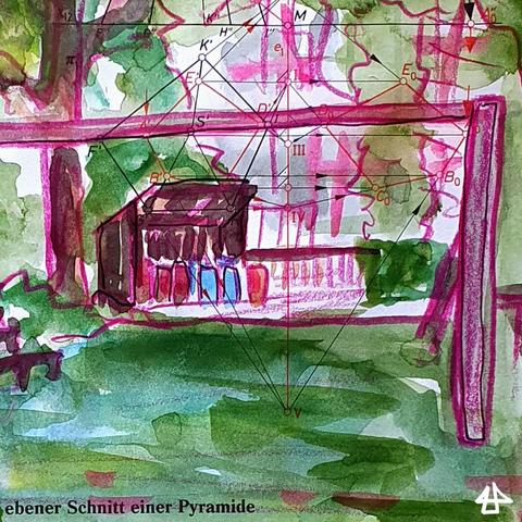Aquarellierte Buntstift Zeichnung auf altem Mathebuch, im Vordergrund eine Wäscheleinenstange und Gras. Hinten einbraunes Mülltonenhäuschen unter nem Baum, daneben ein Zaun und Gebüsch. Alles in magenta und grün.