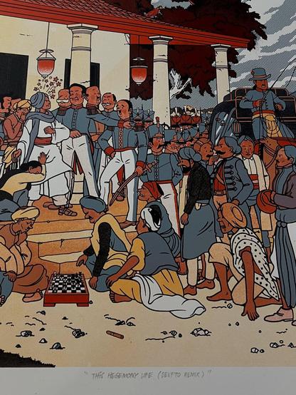 detail of an art print, in the style of Tintin comics, showing a historical scene in Indonesia with a crowd of people standing around , most in military or traditional Javanese clothing. the print is signed at the bottom in pencil THIS HEGEMONY LIFE